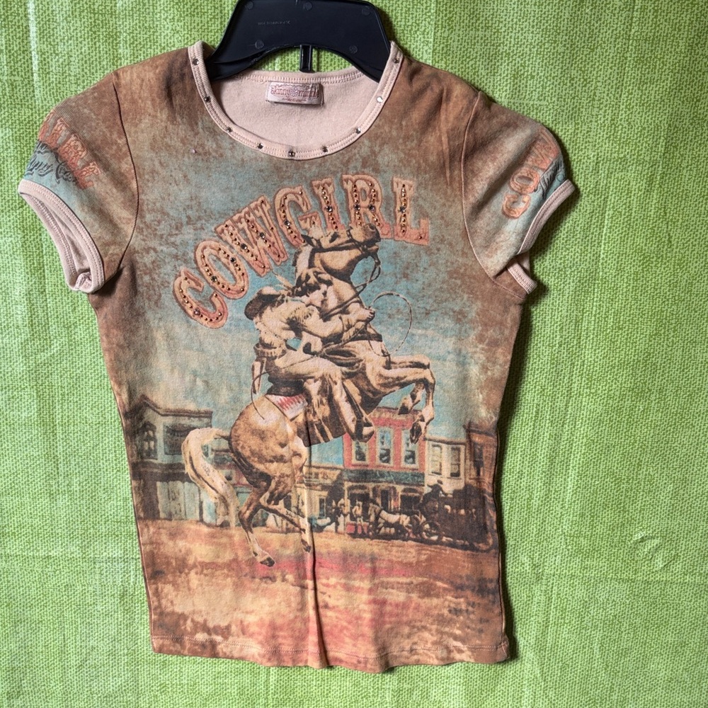 Skinny Minnie Cowgirl Graphic Tee - Brown and Tan